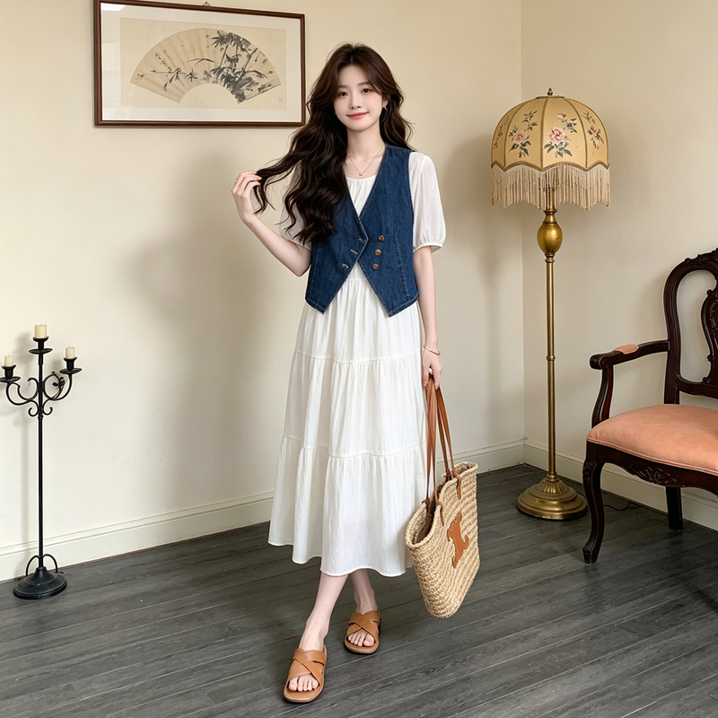 Korean-Style First Love-Inspired White Dress Set for Women, New Summer Style, Versatile Denim Vest and Long Skirt Two-Piece Set Korean-Style First Love-Inspired White Dress Set for Women, New Summer Style, Versatile Denim Vest and Long Skirt Two-Piece Set