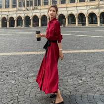 Red French slim long sleeve shirt dress women autumn 2021 New Age reduction Super fairy temperament waist long skirt