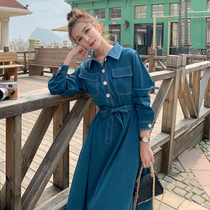 Peacock blue dress women Autumn 2020 new French thin long light mature wind temperament waist shirt long skirt