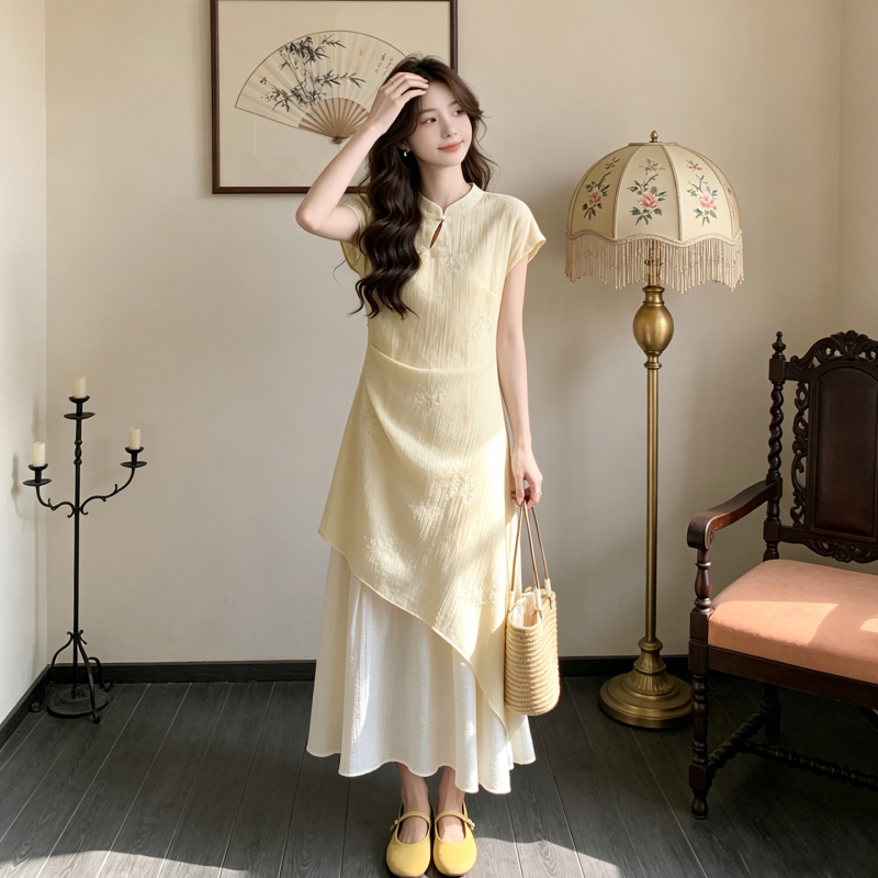 Creamy Yellow Embroidered Cheongsam Dress for Women, New Summer Style, Trendy This Year, New Chinese Style, Gentle Style, Faux Two-Piece Long Dress Creamy Yellow Embroidered Cheongsam Dress for Women, New Summer Style, Trendy This Year, New Chinese Style, Gentle Style, Faux Two-Piece Long Dress