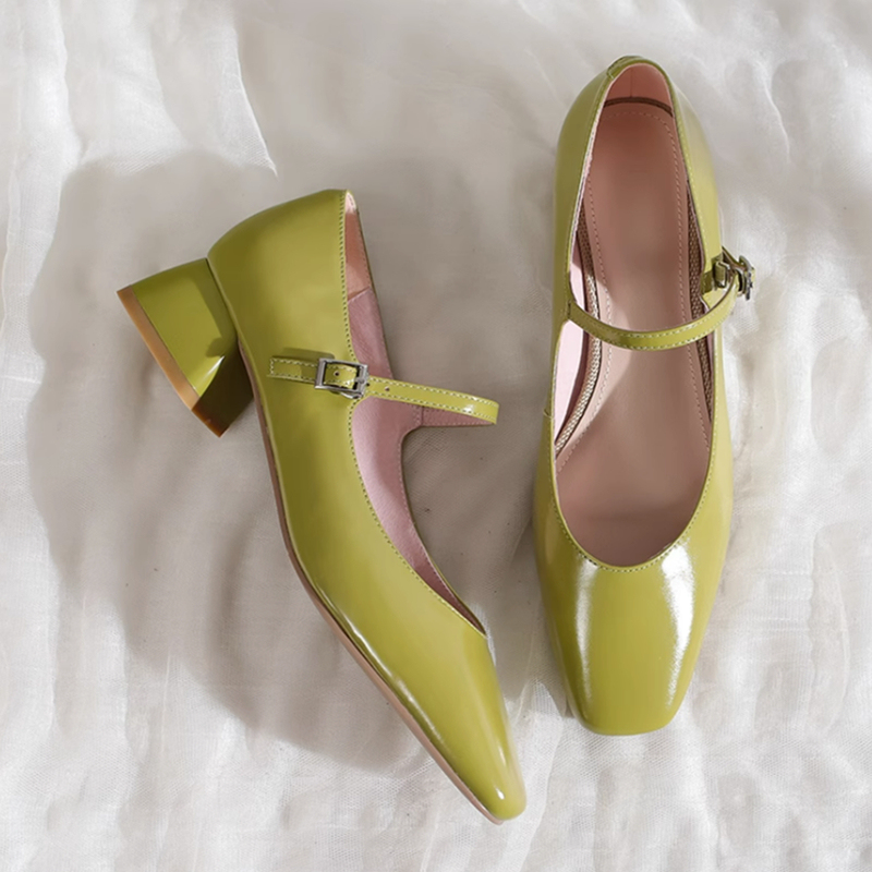 Tavi Original Genuine Leather French Literary Lady Work Clothing Square Toe Shallow Mouth Medium Thick Heel Mary Jane Shoes Flats for Women Spring