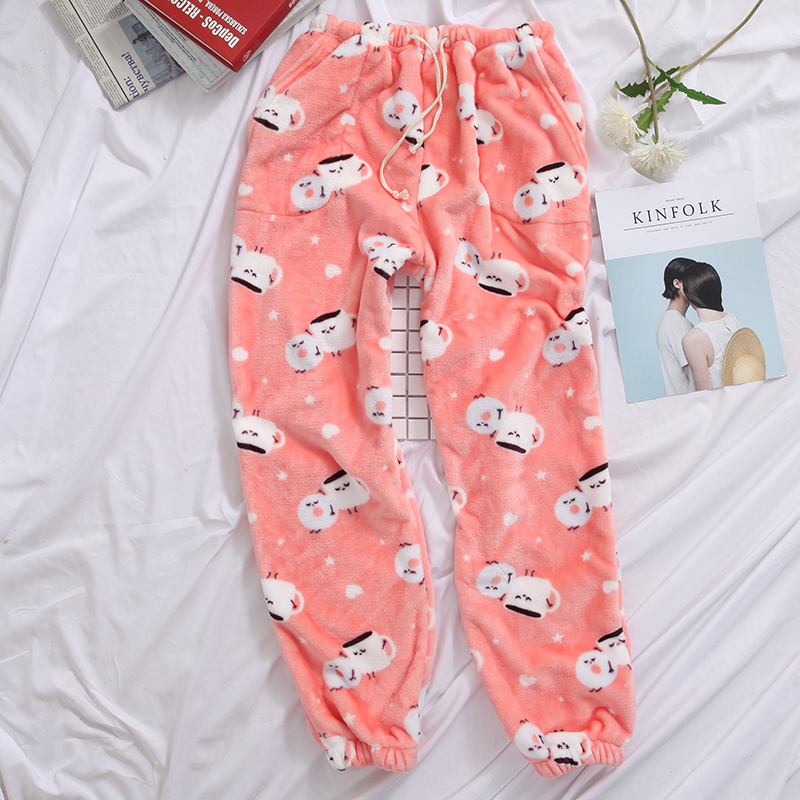 Quần pyjama mới flannel nữ mùa đông lỏng dễ thương phim hoạt hình sinh viên trẻ kích thước lớn đóng miệng san hô lông cừu nhà quần quan lot nam