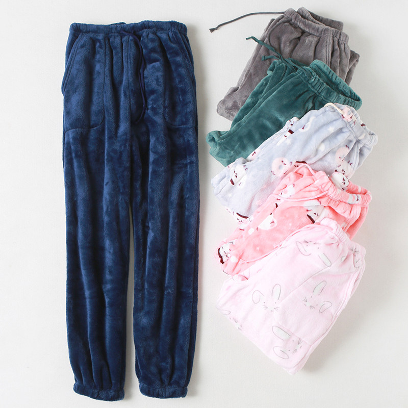 Flannel Fairy woman warm and warm sleeping pants Autumn winter thickened Cartoon Closing Coral Suede Youth Large Size Easy to Loose Home Long Pants