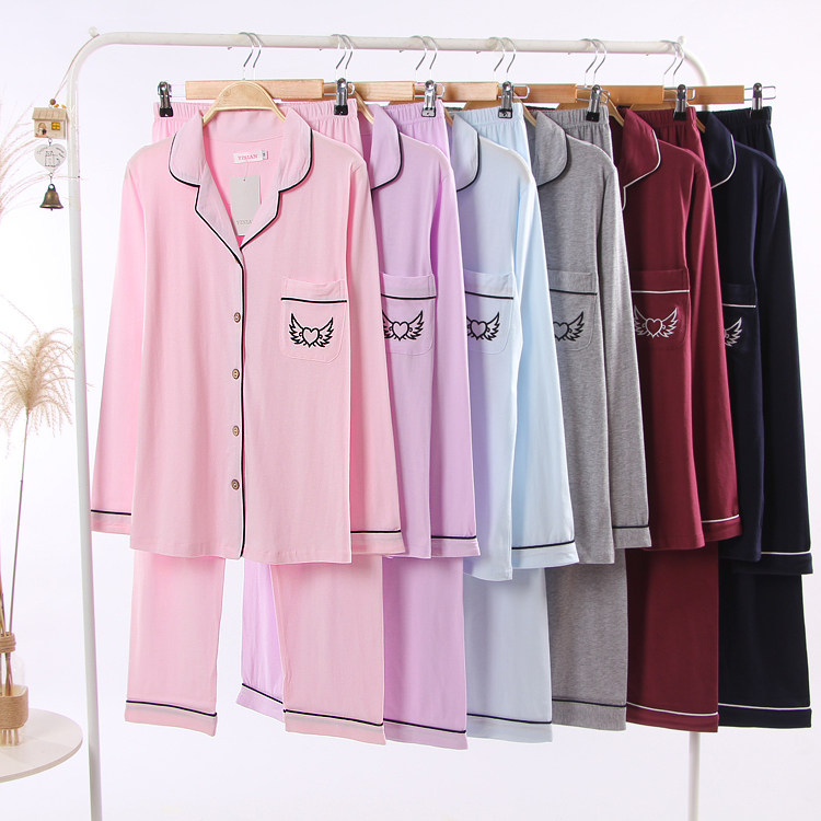 New Sleepwear Woman Knit Pure Cotton Thin Section Loose Casual Cardiovert Spring Autumn Pure Color Small Code Long Sleeve Home Suit Suit