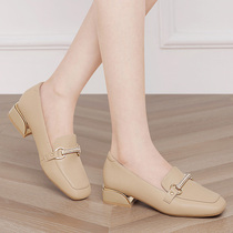 Apricot-colored shoes womens summer square heel pedal loafers 2021 new summer heels soft leather shoes