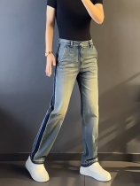 Plus size mens clothing plus size light luxury mens summer new loose straight jeans high-end webbing long pants trendy