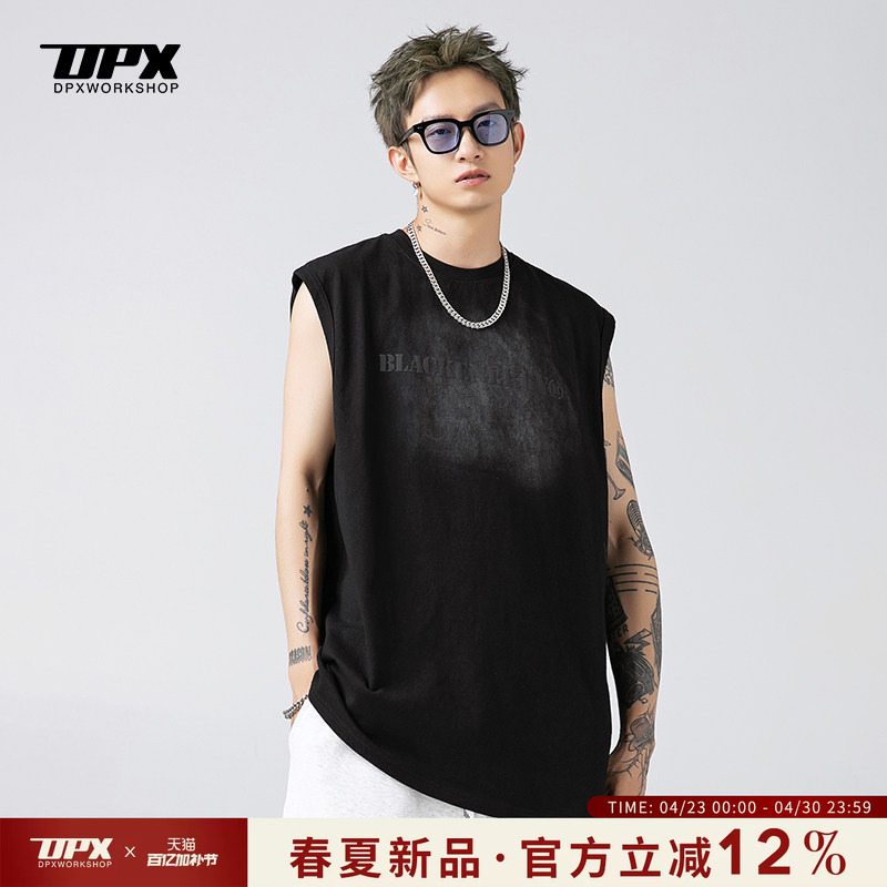 Dpx Trendy American Summer Unreal Printed Washed Distressed Vest Men's Heavy Loose Casual Waistcoat Sleeveless T-Shirt