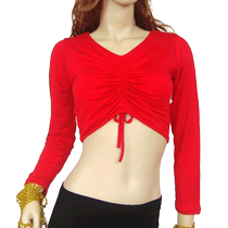 Feimei Belly Dance Top Sexy Long Sleeve Wrinkled V-neck Exercise Top Oriental Dance Practice Clothing for Beginners