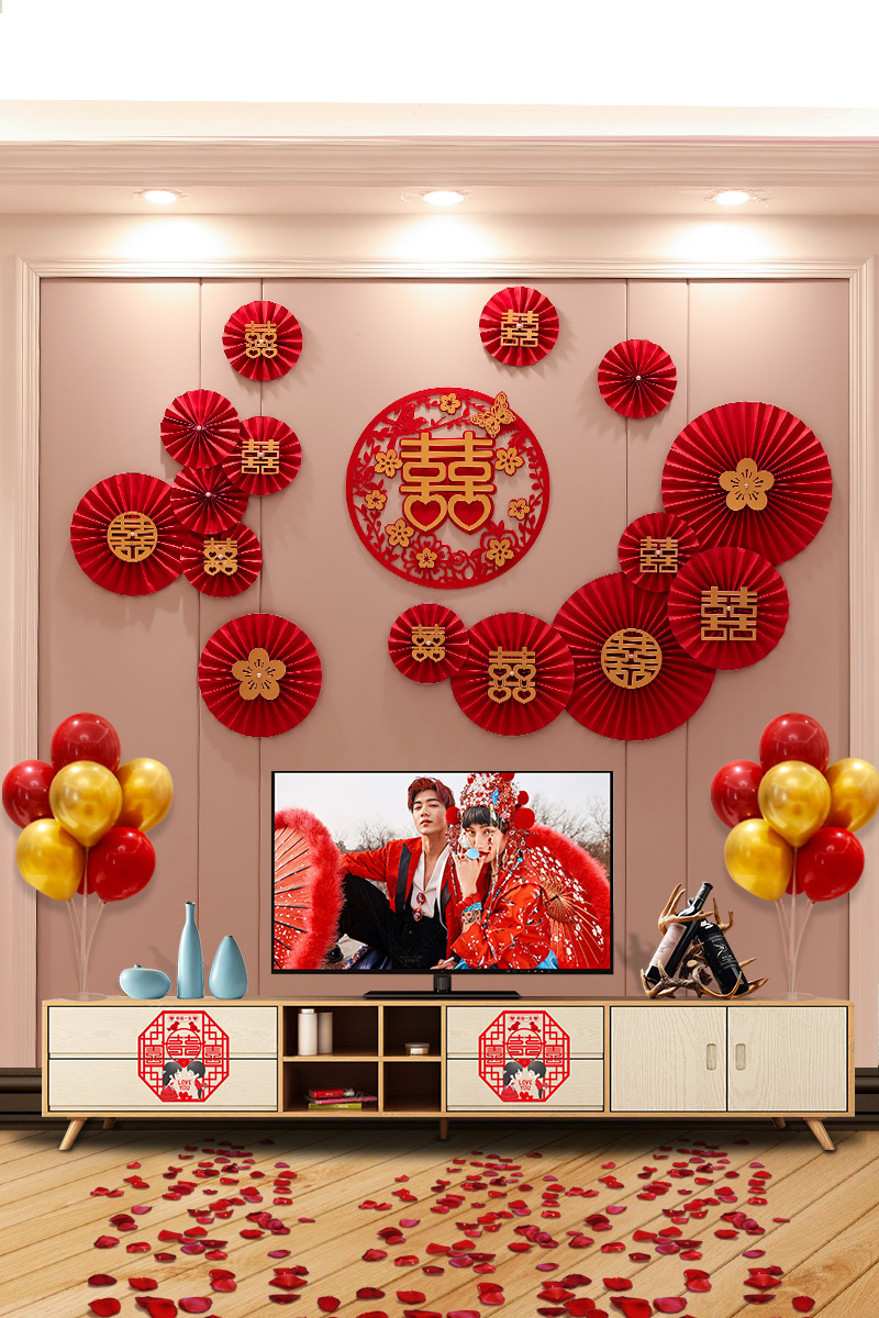 Wedding supplies Men's and women's wedding room decoration Wedding bedroom living room TV background wall decoration Pull flower set