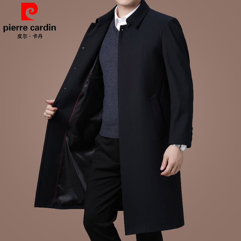 Pierre Carden long version over-the-knee windbreaker men's spring and autumn thin coat middle-aged and elderly loose large size casual coat