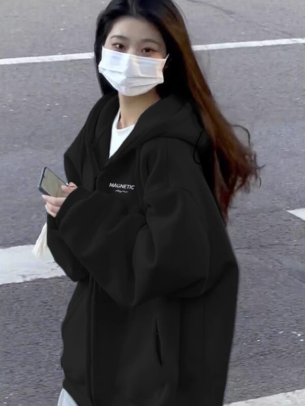 100% Pure Cotton American-Style Black Zip-Up Sweatshirt for Women, Casual Style, Thin Spring and Autumn 2025 New Hooded Jacket