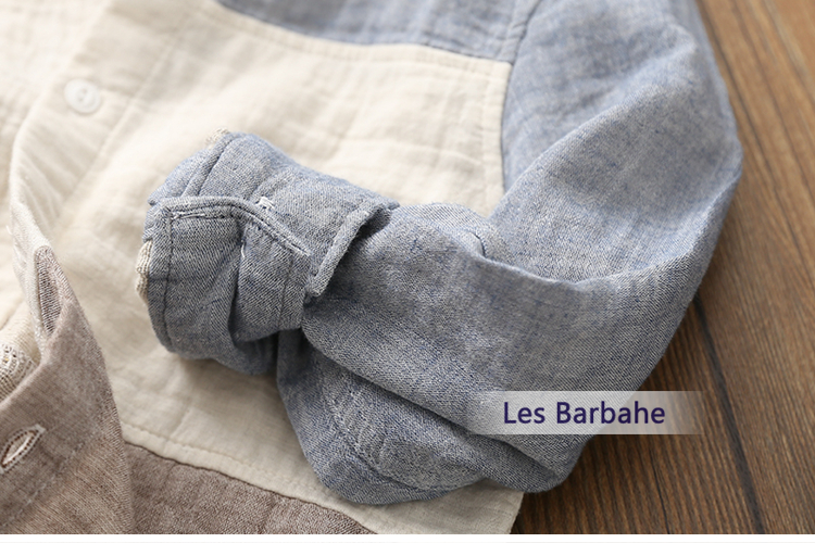 Áo sơ mi bé trai mùa thu bé trai áo sơ mi dài tay mềm mại áo sơ mi ve áo hai lớp sợi cotton thời trang bé gái