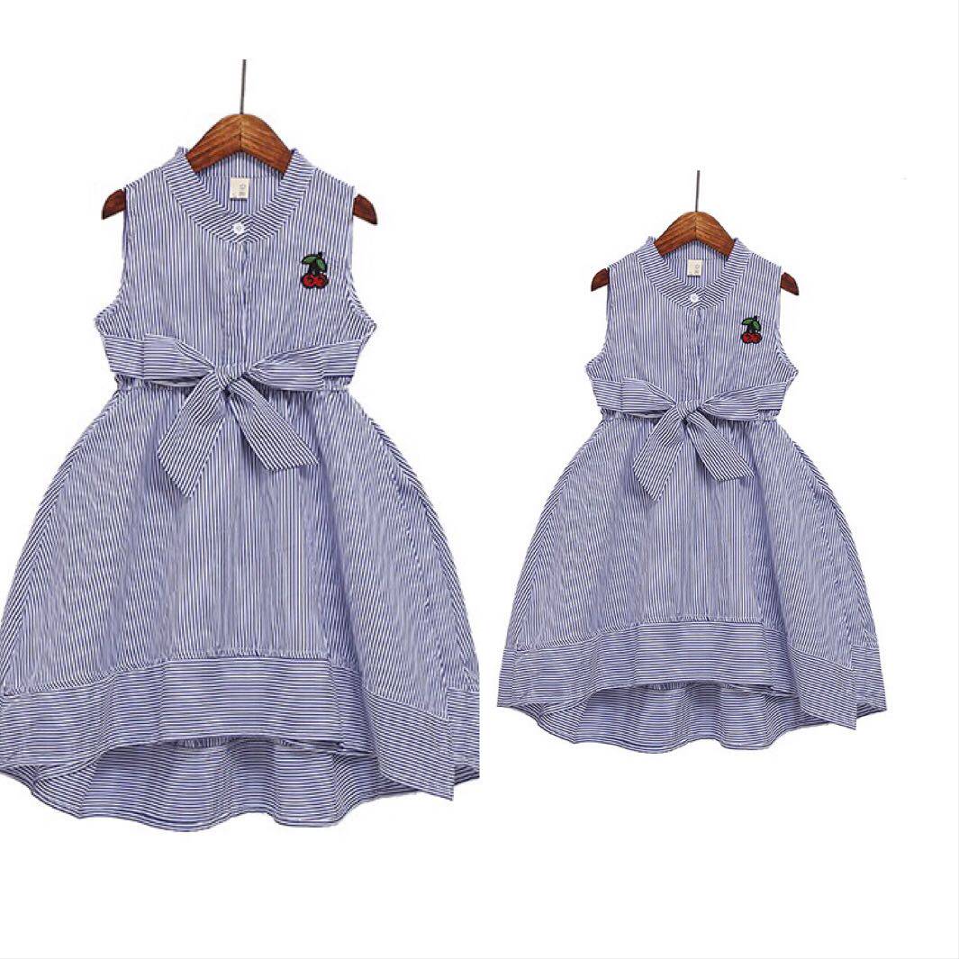 2018 summer striped dovetail front short rear long embroidery cherry immediately collar butterfly knot vest parent-child dress foreign dress