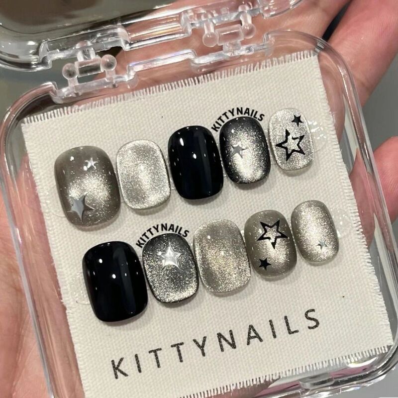 Purely Handmade Spring and Summer Sweet and Cool Style Glass Bead Cat Eye Star Spicy Girl Nail Art with Oval Short Decorative Press-On Nails