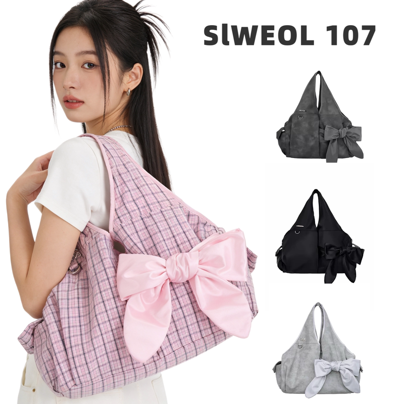 Korean Siweol107 Yoonjin Same Style Pink Plaid Bow Tote Bag Large Capacity Single Shoulder Underarm Bag for Women