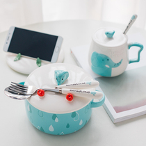 Cute cartoon instant noodle bowl large Japanese with lid ceramic bowl creative soup bowl home eating bowl cup set