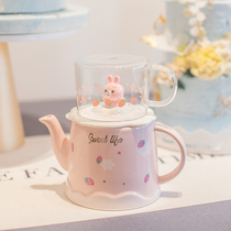 Cute ceramic printing cold kettle home living room cool kettle glass tea cup set heat-resistant and high temperature drinking teapot