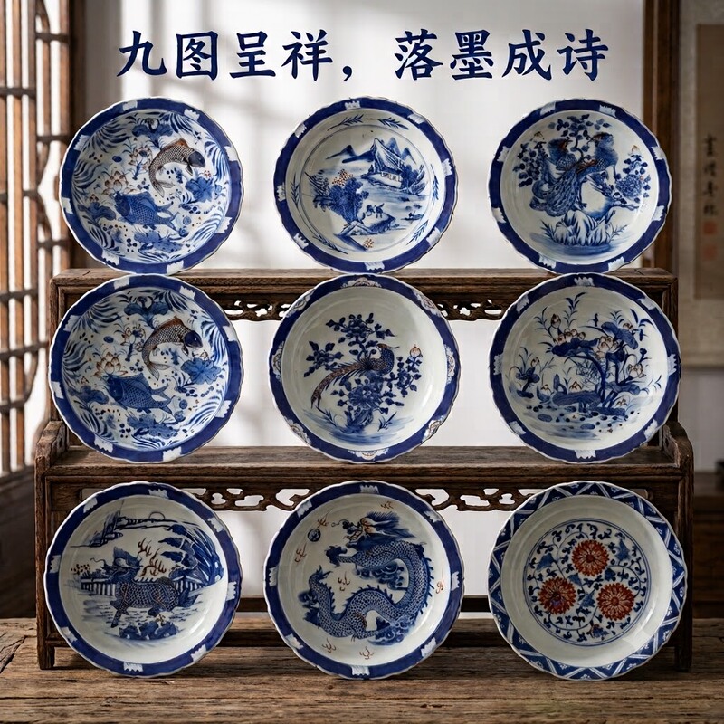 Jingdezhen Hand-Painted Blue and White Underglaze Red Sunflower-Shaped Decorative Plate with Dragon, Unicorn, Mandarin Duck, Peacock, Landscape, and Entwined Lotus Designs Jingdezhen Hand-Painted Blue and White Underglaze Red Sunflower-Shaped Decorative Plate with Dragon, Unicorn, Mandarin Duck, Peacock, Landscape, and Entwined Lotus Designs