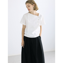Slow tea mcha rice white full cotton asymmetrical sloped collar shirt woman summer thin short sleeve blouse design feeling small