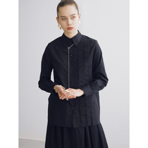 Slow Tea Mcha White All-cotton Asymmetrical Splicing Design Shirt Woman Black Straight Body Long Sleeve Hair Side Lining Clothing