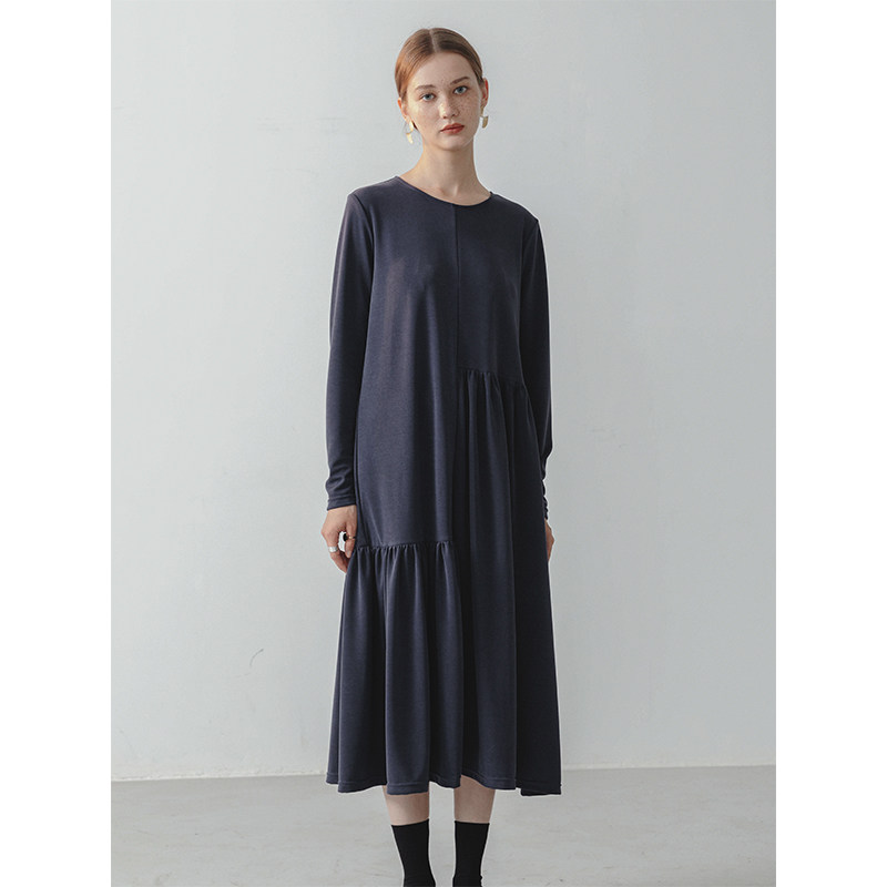 Slow Tea Mcha Dark Blue Jaesel Knit Long Sleeve Ocean Dress Autumn Loose Asymmetry Design Sensation Small Crowdskirt
