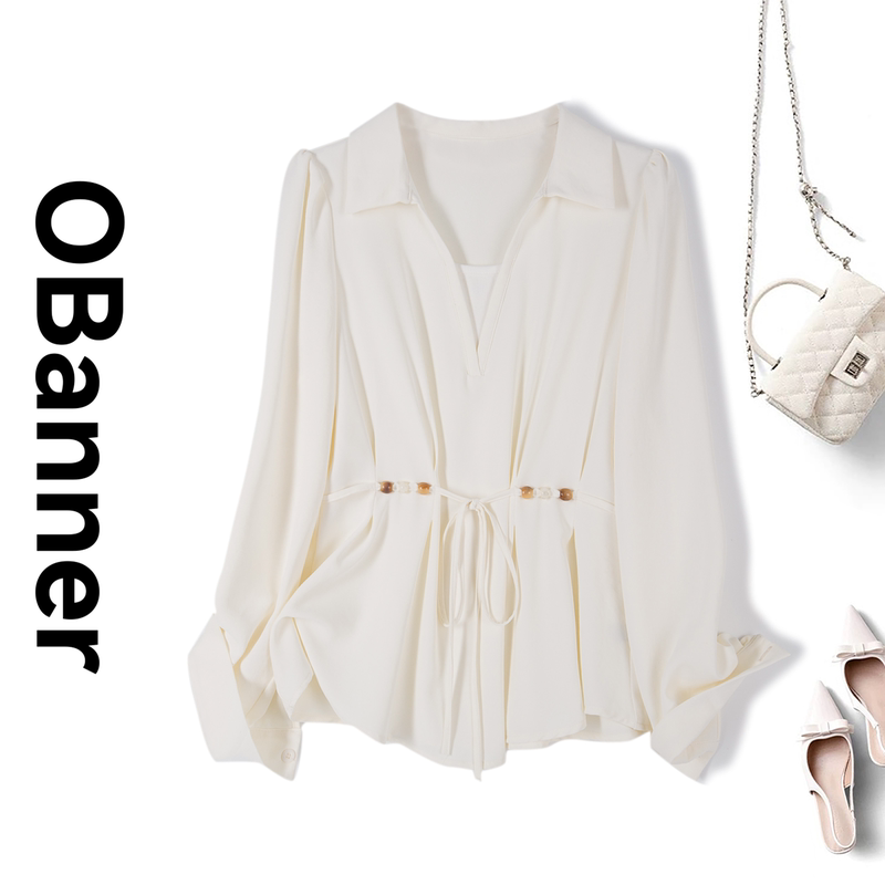 Obanner 2026 Spring Plus Size Women's Clothing Loose Waist-Cinching Long Sleeve Shirt with Tie Lapel Commuter Top