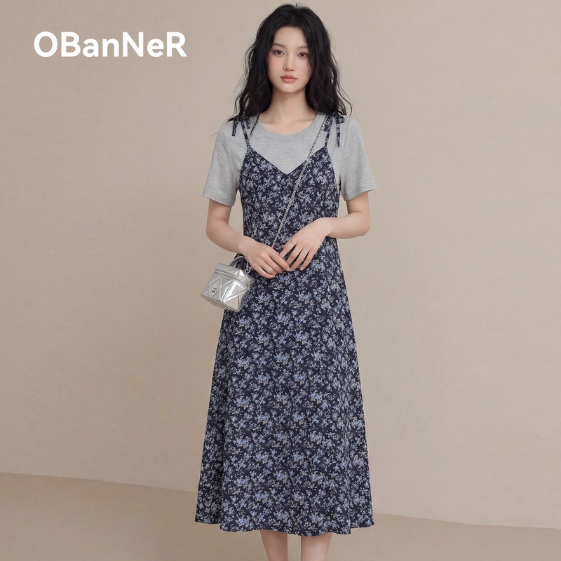 Obanner Summer Fake Two-Piece Short-Sleeved Floral Dress for Women, Plus Size Women's A-Line Casual Long Dress