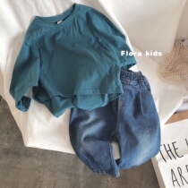 Korean version Japanese men and women children long sleeves T-shirt washout pure cotton bat sleeves loose 100 lap pure color slapped undershirt blouse