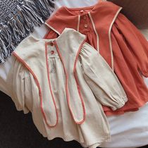 Spring autumn pure cotton long sleeves Child one-piece dress cartoon Korean version Loose Doll Skirt CUTE Cute Cover Girl Long Dress