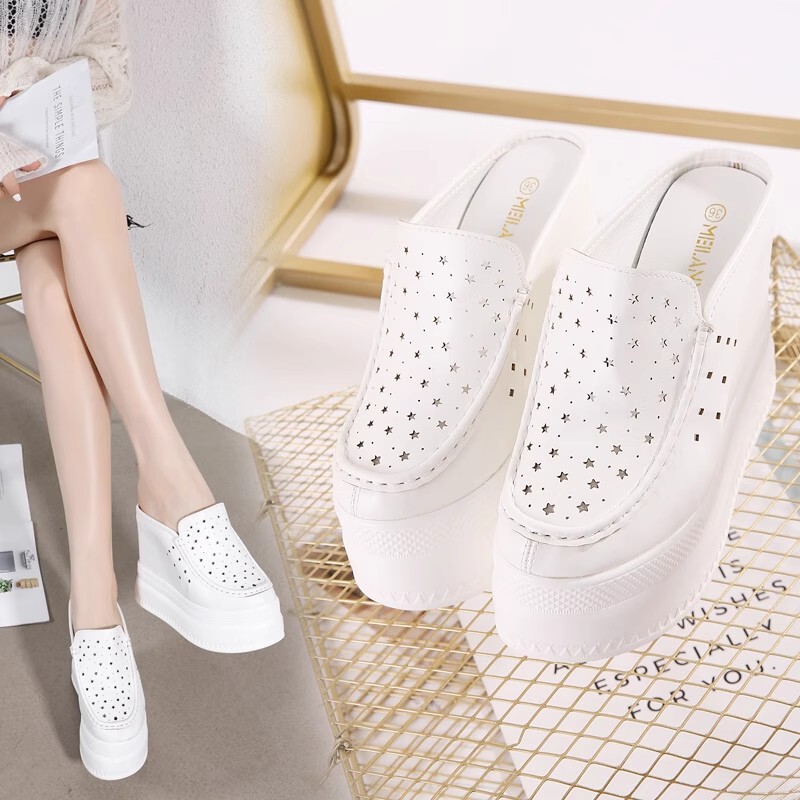Hong Kong-Style Star-Shaped Hollow-Out Half-Slippers for Women, with Hidden Height Increase, Thick Sole, Slip-On White Shoes, Lazy Shoes