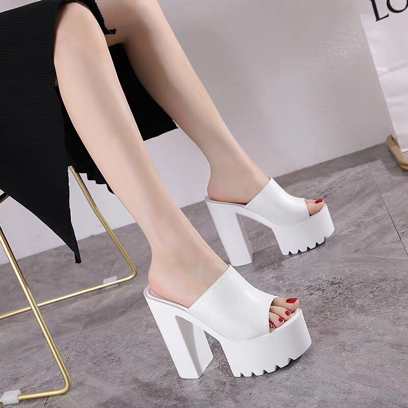 Ultra-High Heel Sandals for Women, Open-Toe Outdoor Wear, 2026 Thick Heel, 16cm Platform, Black and White Fitting Room Slip-Ons