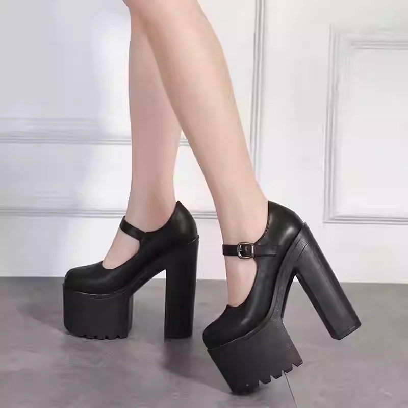 Sexy Style Black Thick-Soled Mary Jane Shoes for Women, Chunky Heel Buckle High Heels, Party Performance Single Shoes