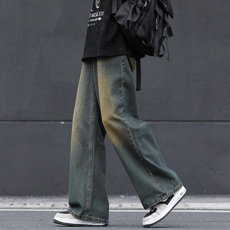 Hong Kong Trendy Brand Men's Jeans Spring New Gradient Straight-Leg Pants American Retro Washed Loose Wide-Leg Trousers