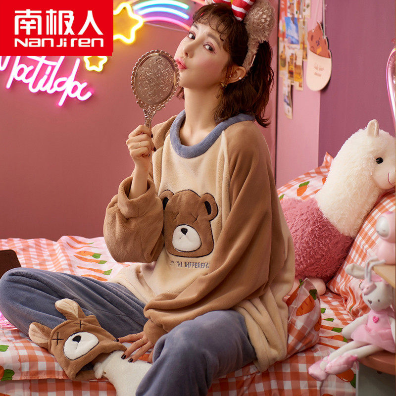 South Pole Pyjamas Sleeping Lady Autumn Winter Coral Suede Thickening Cute Warm Flannel Suede Home Clothing Spring Autumn Extractable Suit