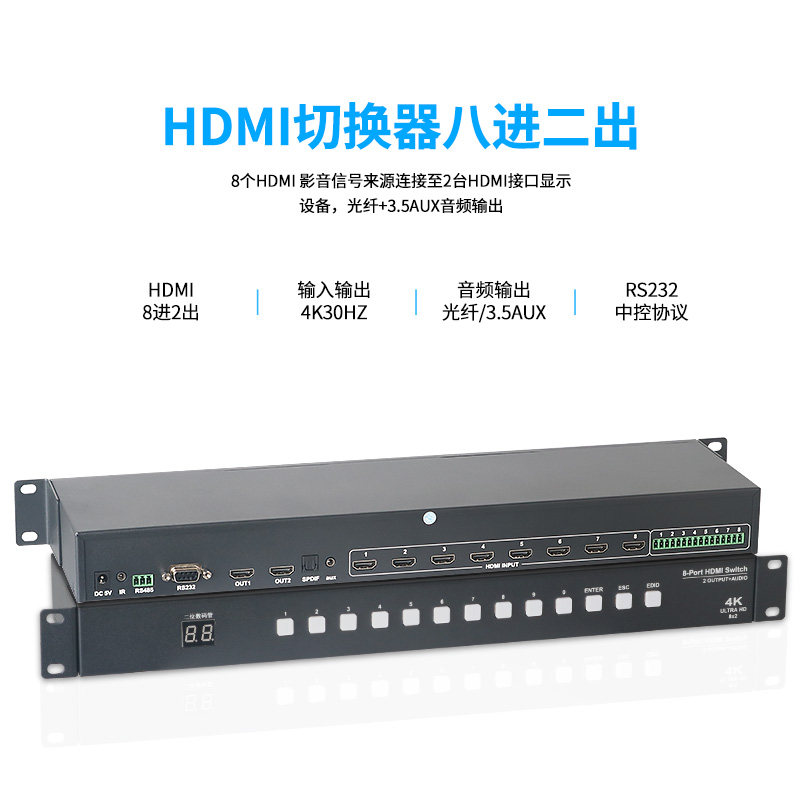 Uber HDMI switcher 8 in 2 out with audio aux fiber 1U industrial grade mid-control RS232 dispenser