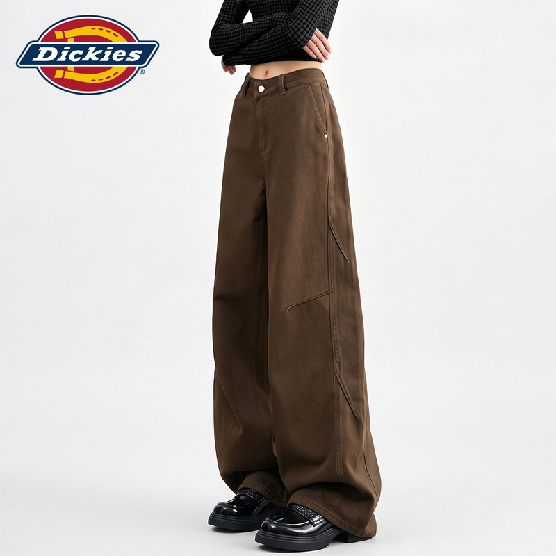 Dickies American-Style Brown and Coffee-Colored Patchwork Scimitar Jeans for Women, Fleece-Lined, High-Waisted, Loose Wide-Leg Pants Y Dickies American-Style Brown and Coffee-Colored Patchwork Scimitar Jeans for Women, Fleece-Lined, High-Waisted, Loose Wide-Leg Pants Y