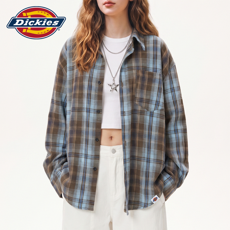 Dickies Korean-Style Retro Blue and Brown Plaid Long-Sleeved Shirt for Women, New Loose Casual Shirt for Autumn Y