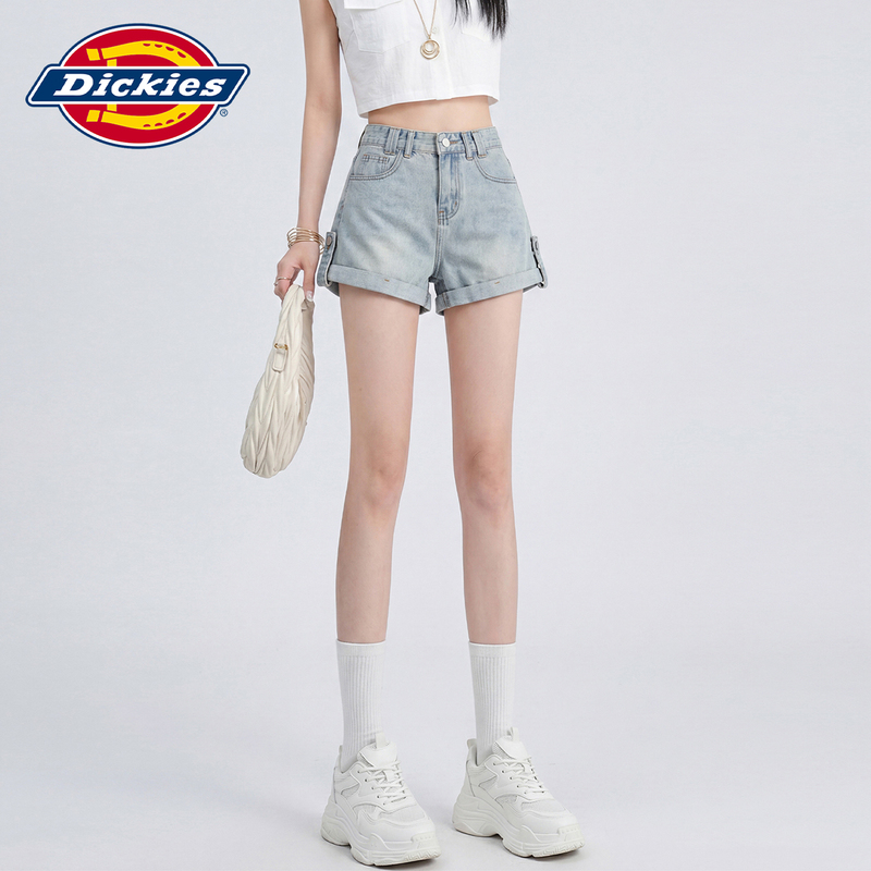 Dickies American-Style Rolled Hem Denim Shorts for Women, New Summer High-Waisted Slimming A-Line Wide-Leg Hot Pants Y