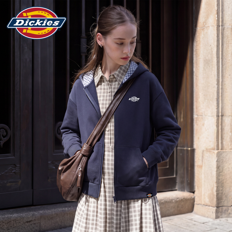 Dickies Women's Plaid Patchwork Hooded Cardigan Sweatshirt Spring and Autumn New Loose Zipper Navy Blue Jacket 1A