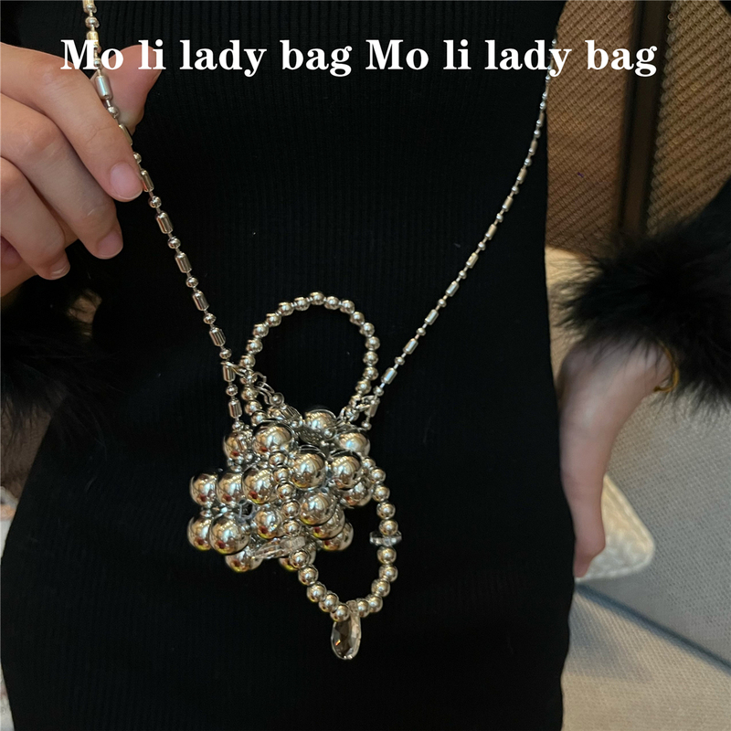 Moli Niche Silver Crossbody Mini Key Pouch Bag with Chain, Cute Dark Lolita Style Small Bag, Beaded Bag Moli Niche Silver Crossbody Mini Key Pouch Bag with Chain, Cute Dark Lolita Style Small Bag, Beaded Bag