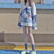 There is an ideal country tide snow mountain destruction crew neck lazy wind sweater womens autumn and winter loose tide sweater men CYNISMO