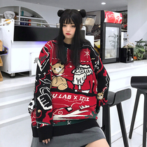 Ideal national tide Christmas broken head bear autumn winter sweater women loose lazy wind couple pullover sweater men MUYU