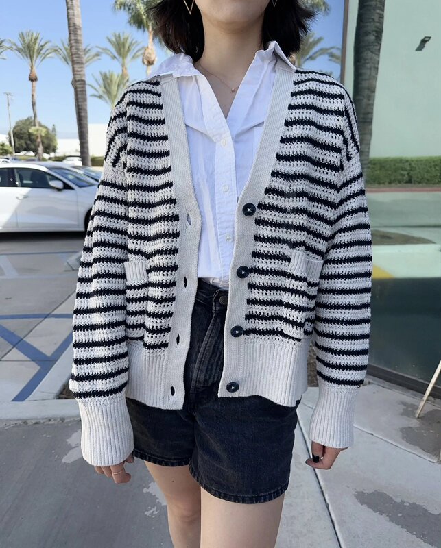 In-Stock Tommy Hilfiger Women's Casual Knit Cardigan Sweater Striped Jacket for Spring and Autumn