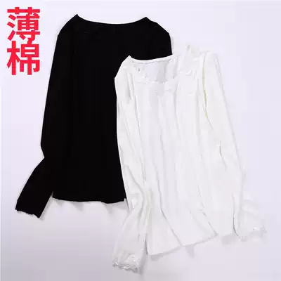 Threaded cotton round neck women's bottoming shirt lace trim warm clothes long-sleeved autumn clothes thin large size white bottoming shirt