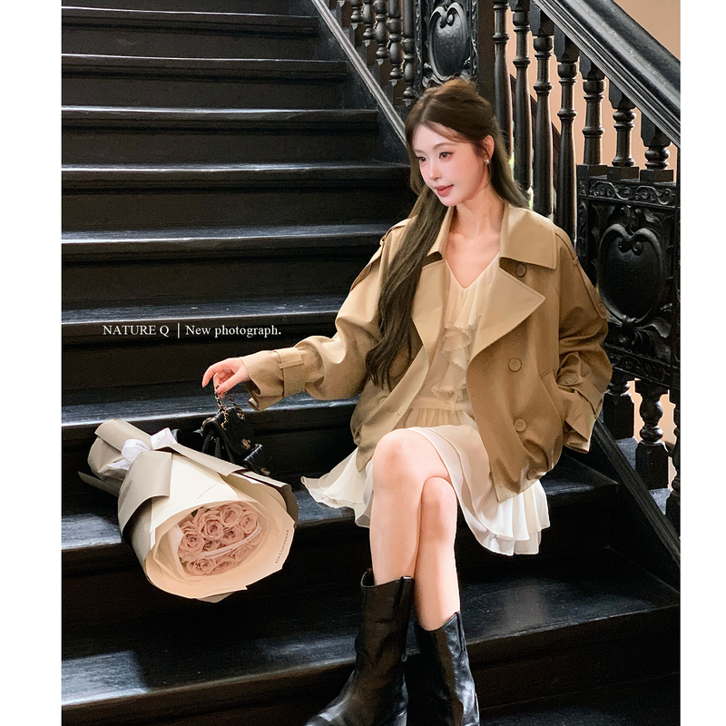 Yang Xiaojuan Lyocell Tencel Vintage Double-Breasted Short Trench Coat for Petite Women Loose Short Jacket Autumn