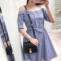 Yang small roll new fresh temperament Joker cotton thin blue white vertical stripe shirt dress women 2021 Spring