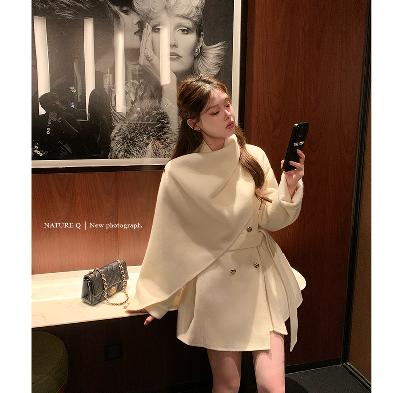 楊小娟大ショールマフラーケープ両面ウールコートレディース秋冬韓国風千ドル雰囲気ウールコート