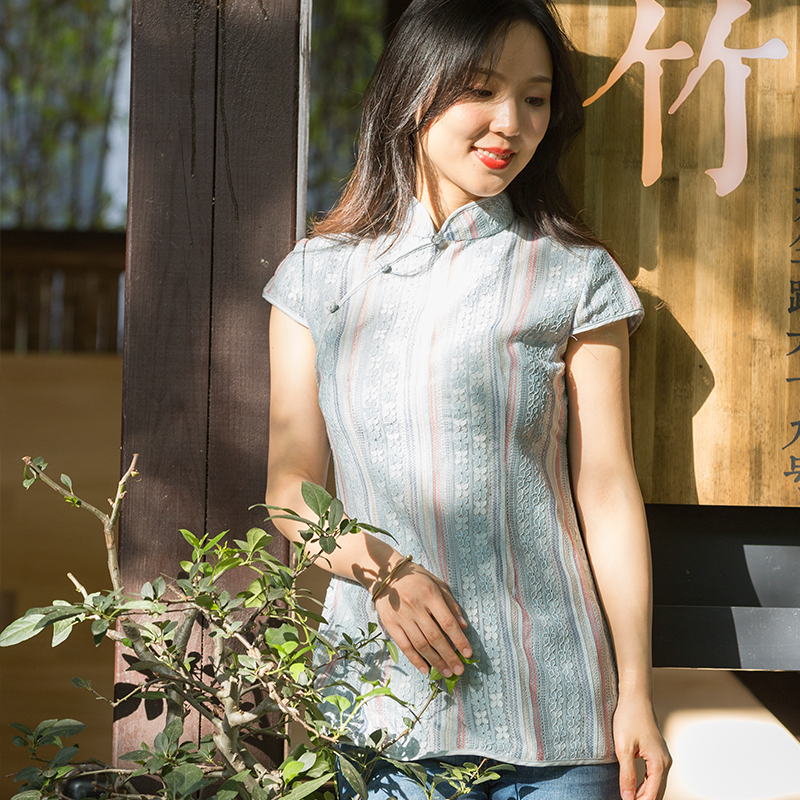Ai sơn bảo tàng kết hợp mùa hè tấm ren retro gió khóa phong cách Trung Quốc han quần áo mặc phụ nữ Trung Quốc cải thiện sườn xám hàng đầu của phụ nữ