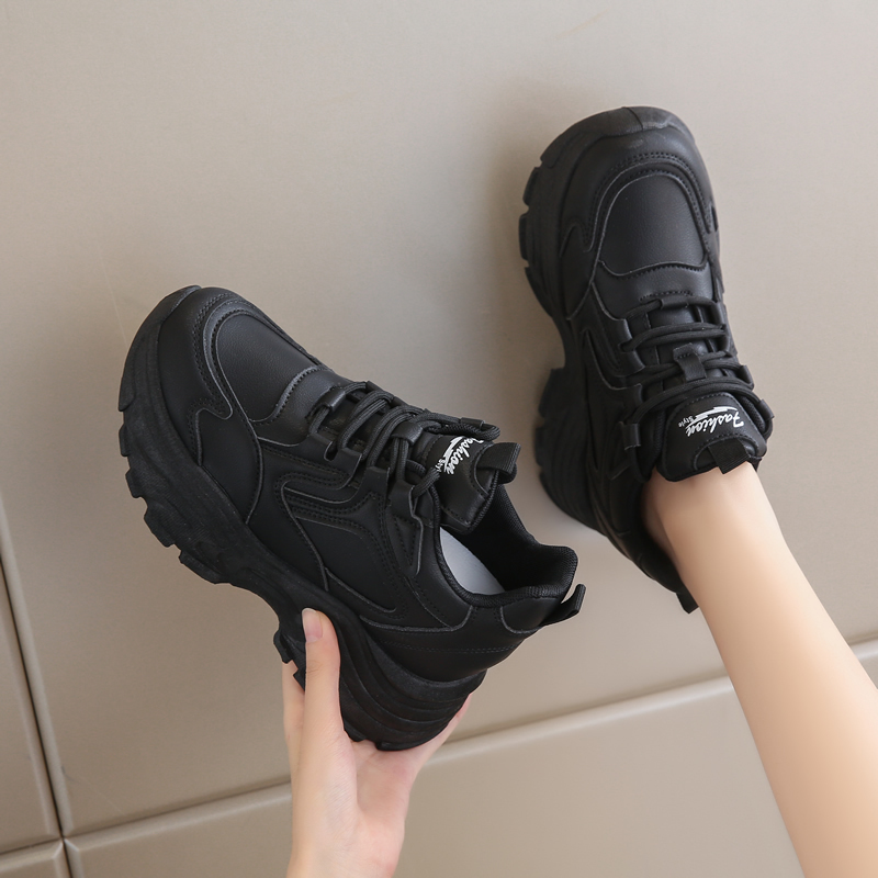 Women's Height-Increasing Shoes, 8cm Thick-Soled Dad Shoes, Spring and Autumn Wedge Heels, Height-Increasing Leather Black Sneakers for Petite Individuals Women's Height-Increasing Shoes, 8cm Thick-Soled Dad Shoes, Spring and Autumn Wedge Heels, Height-Increasing Leather Black Sneakers for Petite Individuals
