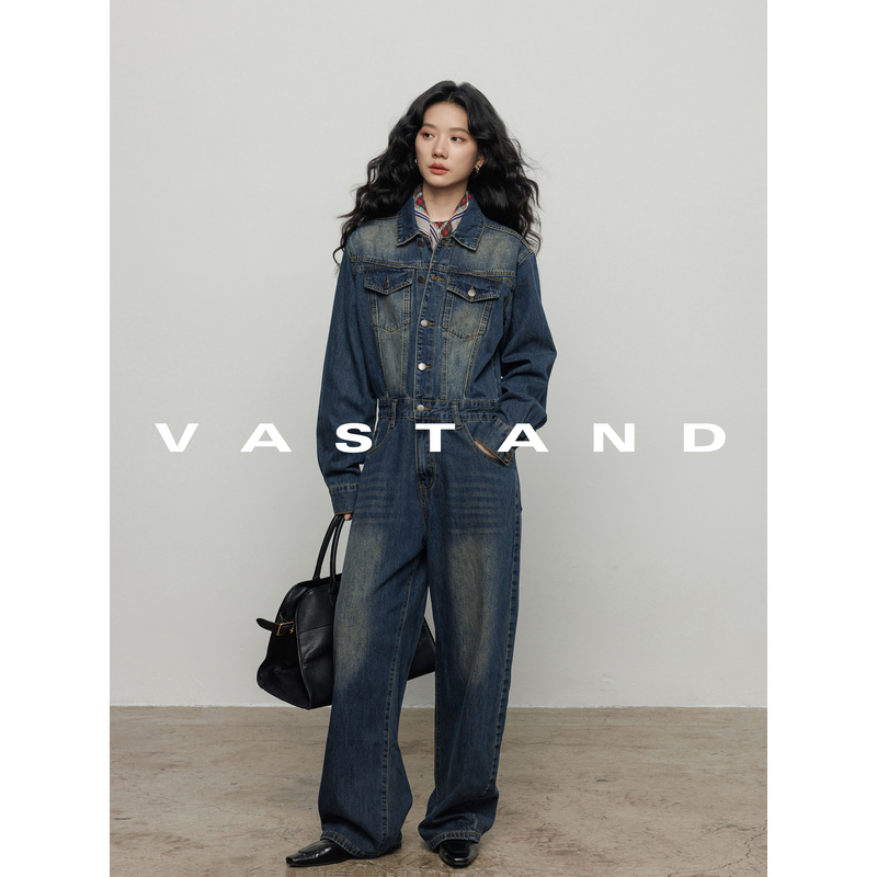 Vastand Weishang/Autumn and Winter Loose Washed Denim Shirt Jumpsuit with Waist-Cinching Denim Wide-Leg Jumpsuit for Women